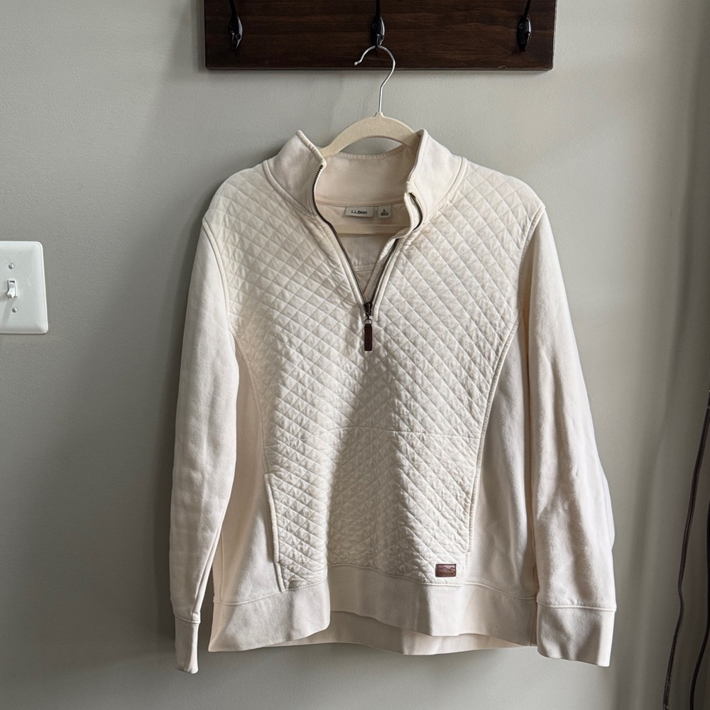 LL Bean Quilted Cream Quarter Zip Pullover, Size Large
